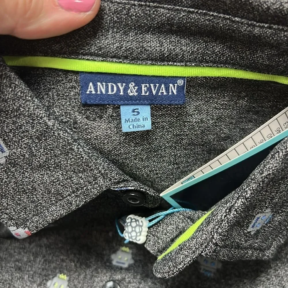 Andy and Evan Boys Robot Pique Knit Buttondown gray NWT size 5